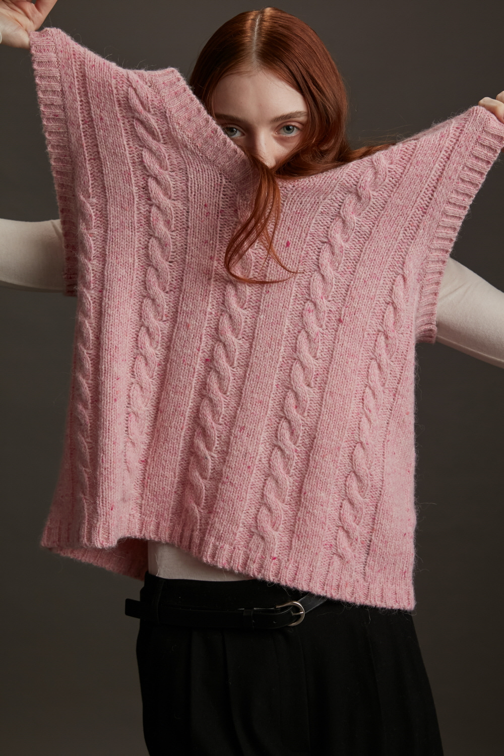 Vest Cable Wool Alpaca Blend Melange Pink