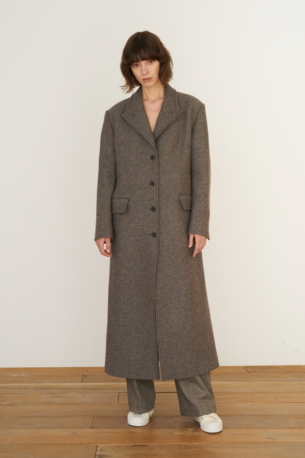 SOLD OUT *** Coat Twill Peaked Lapel Melange Brown